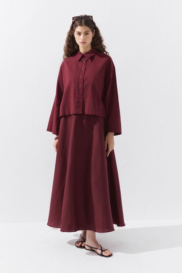 Lyocell Keten Belden Lastikli Bordo Etek - 5