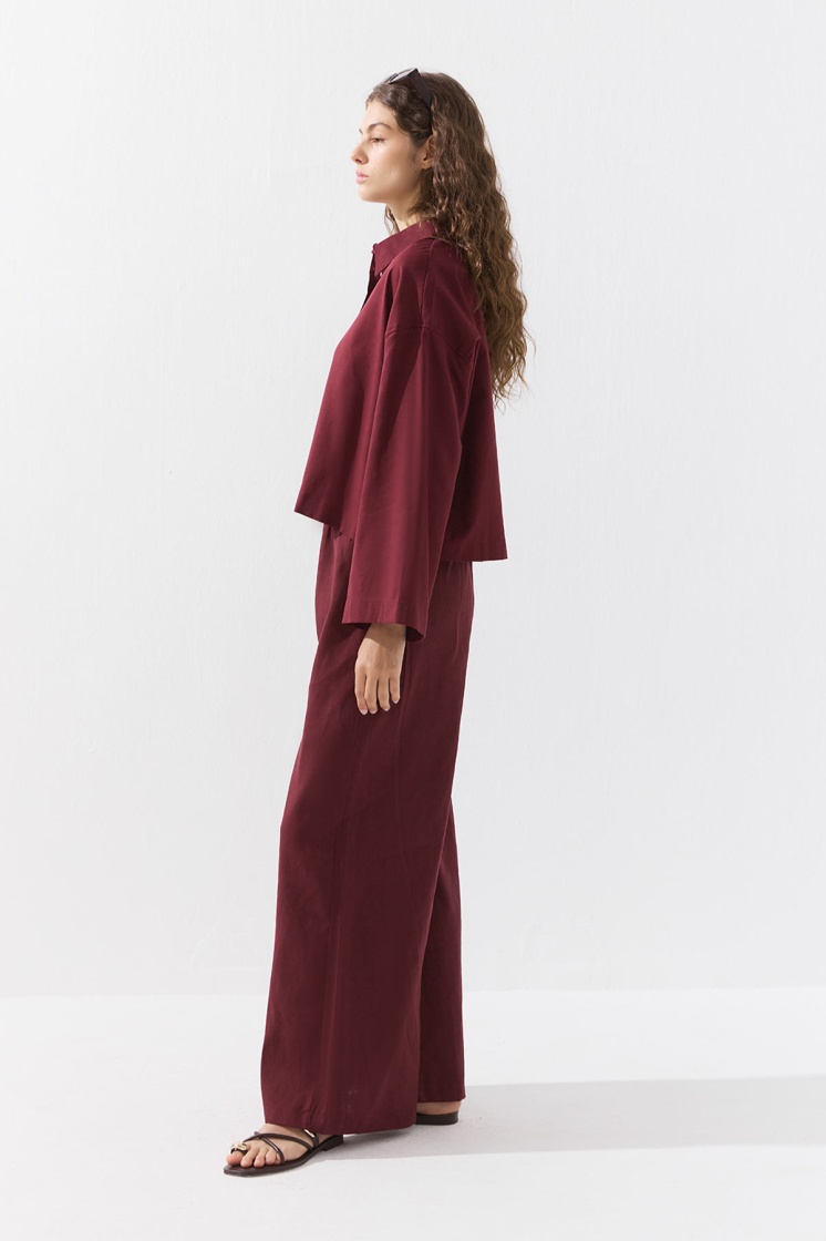 Lyocell Keten Dökümlü Lastikli Bordo Pantolon - 4