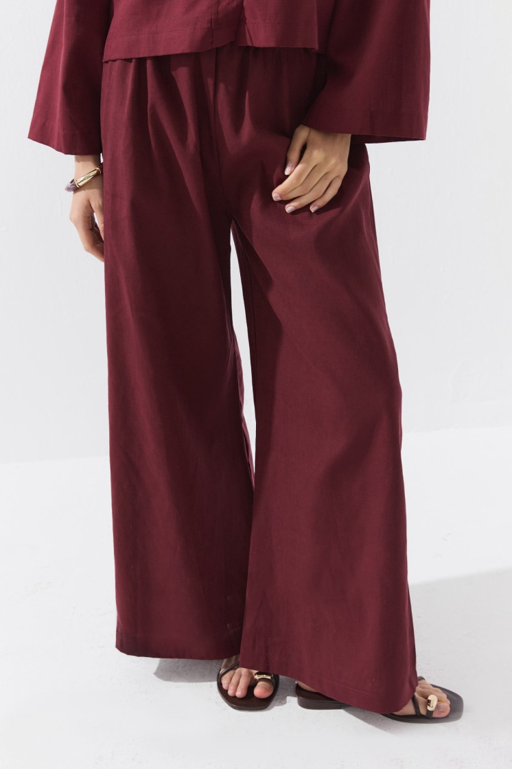 Lyocell Keten Dökümlü Lastikli Bordo Pantolon - 2
