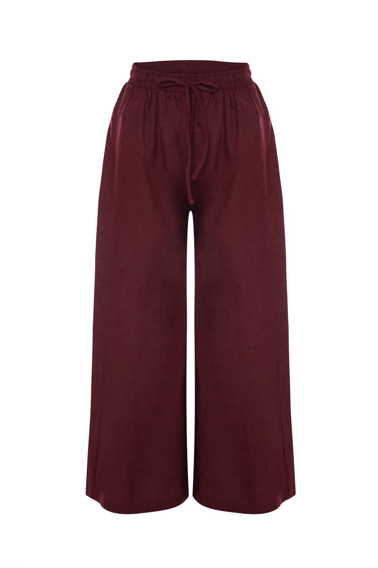 Lyocell Keten Dökümlü Lastikli Bordo Pantolon - 8