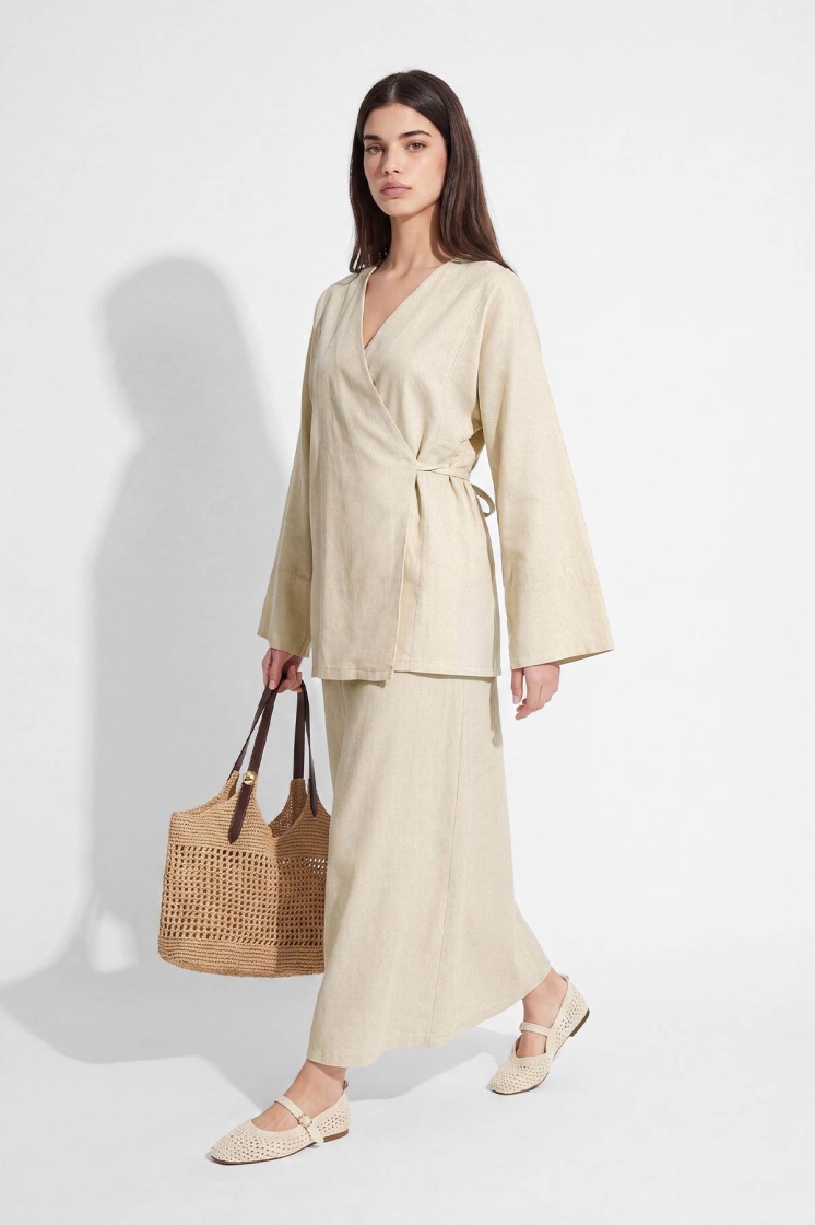 Lyocell Keten Kimono Kum Beji Etekli Takım