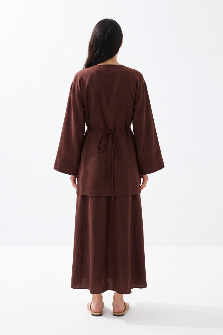 Lyocell Keten Kimono Mercan Etekli Takım
