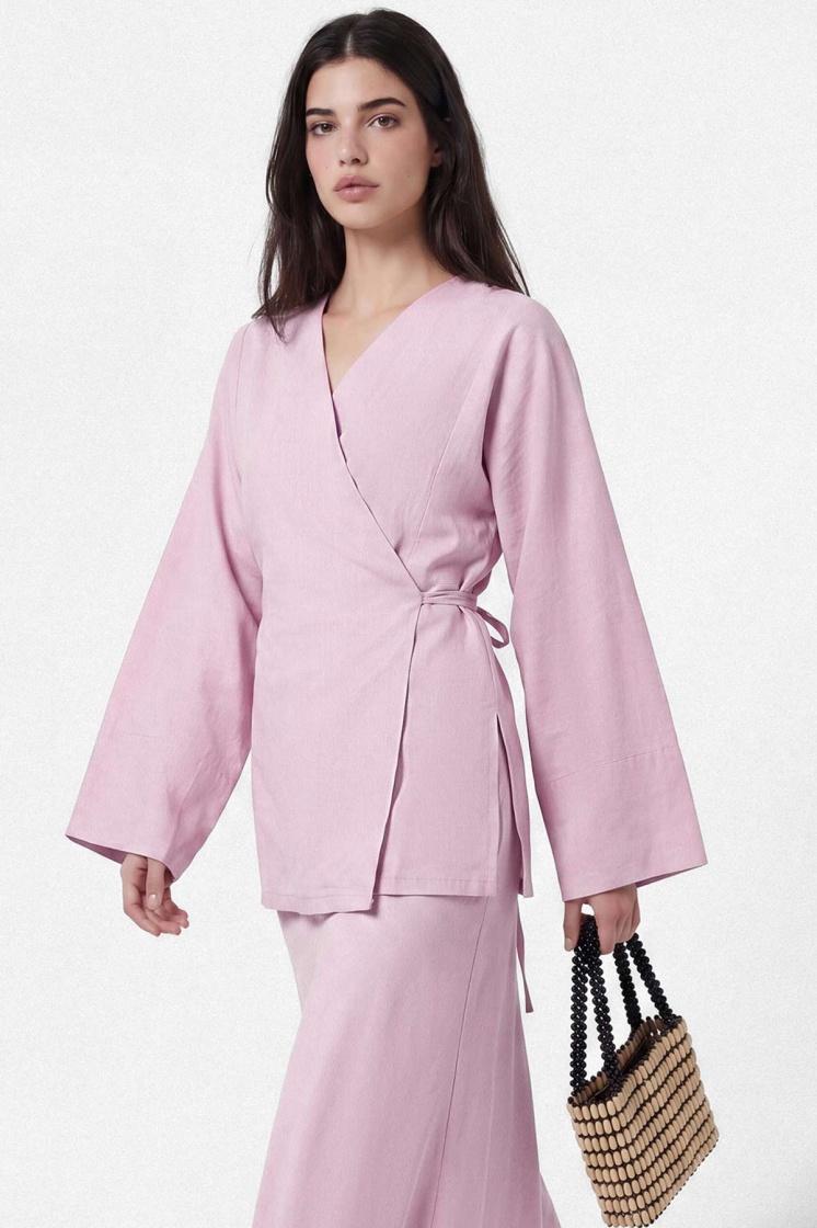 Lyocell Keten Kimono Pastel Pembe Etekli Takım