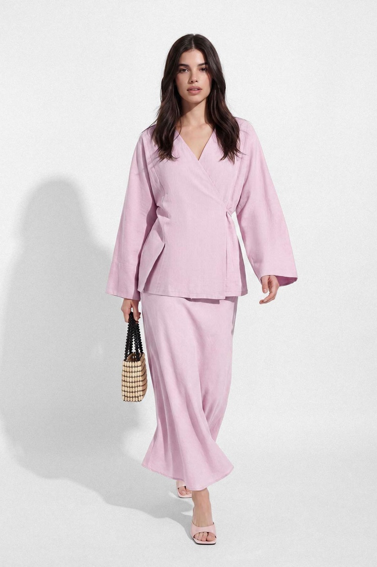 Lyocell Keten Kimono Pastel Pembe Etekli Takım