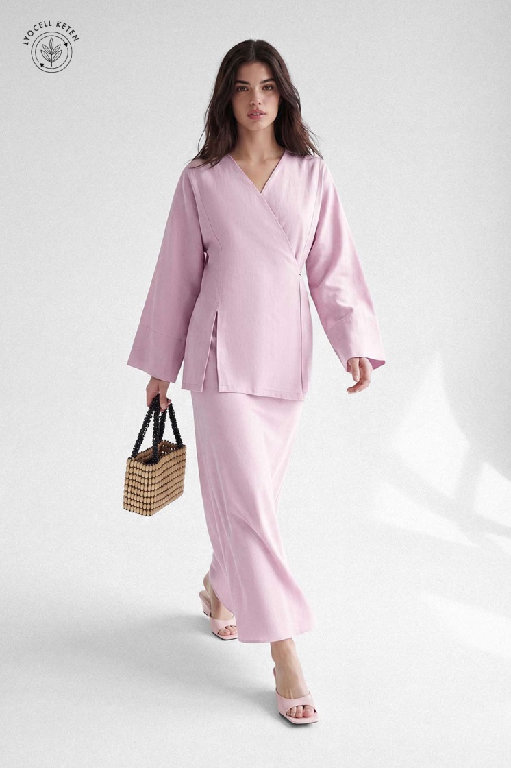 Lyocell Keten Kimono Pastel Pembe Etekli Takım