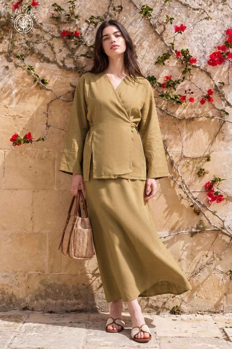 Lyocell Keten Kimono Safran Etekli Takım