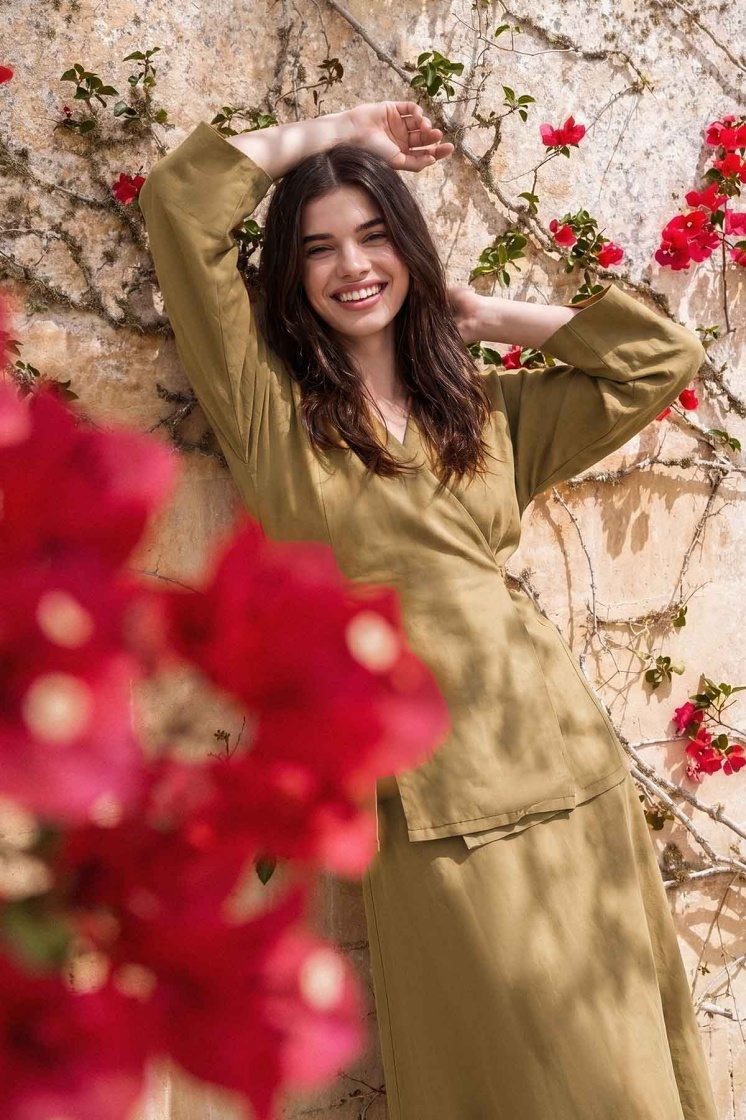 Lyocell Keten Kimono Safran Etekli Takım