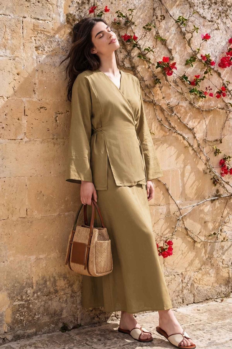 Lyocell Keten Kimono Safran Etekli Takım