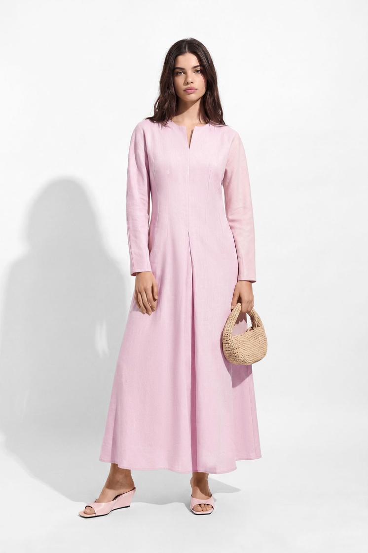 Lyocell Keten Pilikaşe Pastel Pembe Elbise