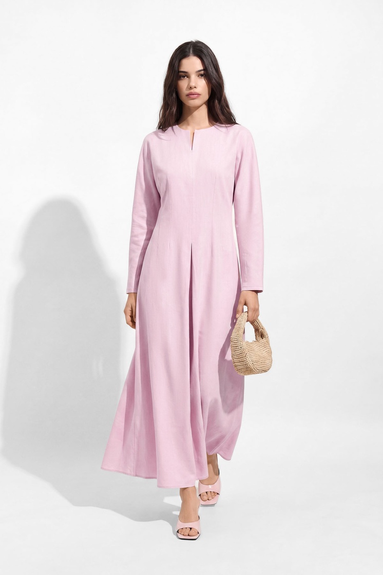 Lyocell Keten Pilikaşe Pastel Pembe Elbise