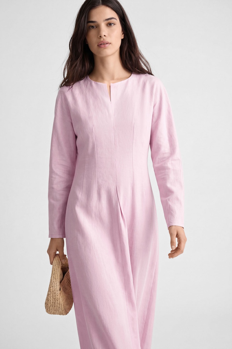 Lyocell Keten Pilikaşe Pastel Pembe Elbise - 5