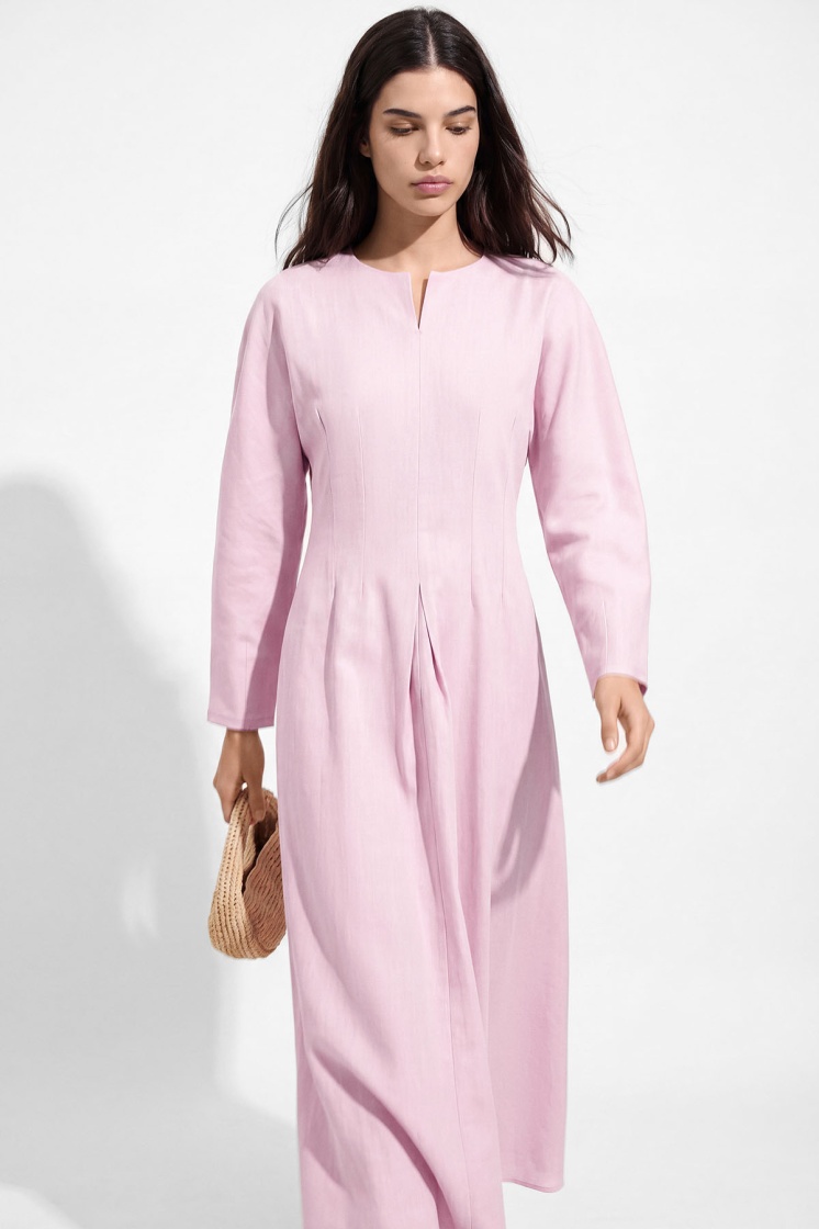 Lyocell Keten Pilikaşe Pastel Pembe Elbise