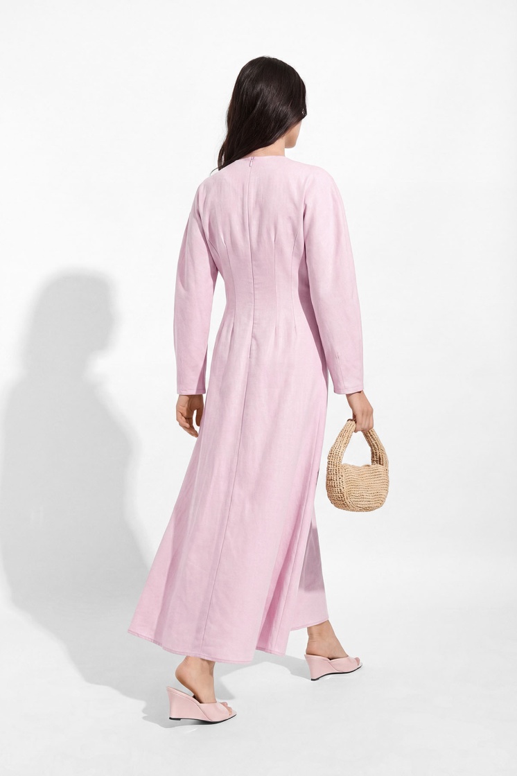 Lyocell Keten Pilikaşe Pastel Pembe Elbise - 6