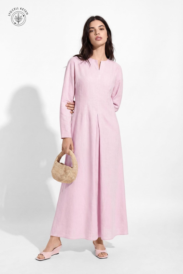 Lyocell Keten Pilikaşe Pastel Pembe Elbise
