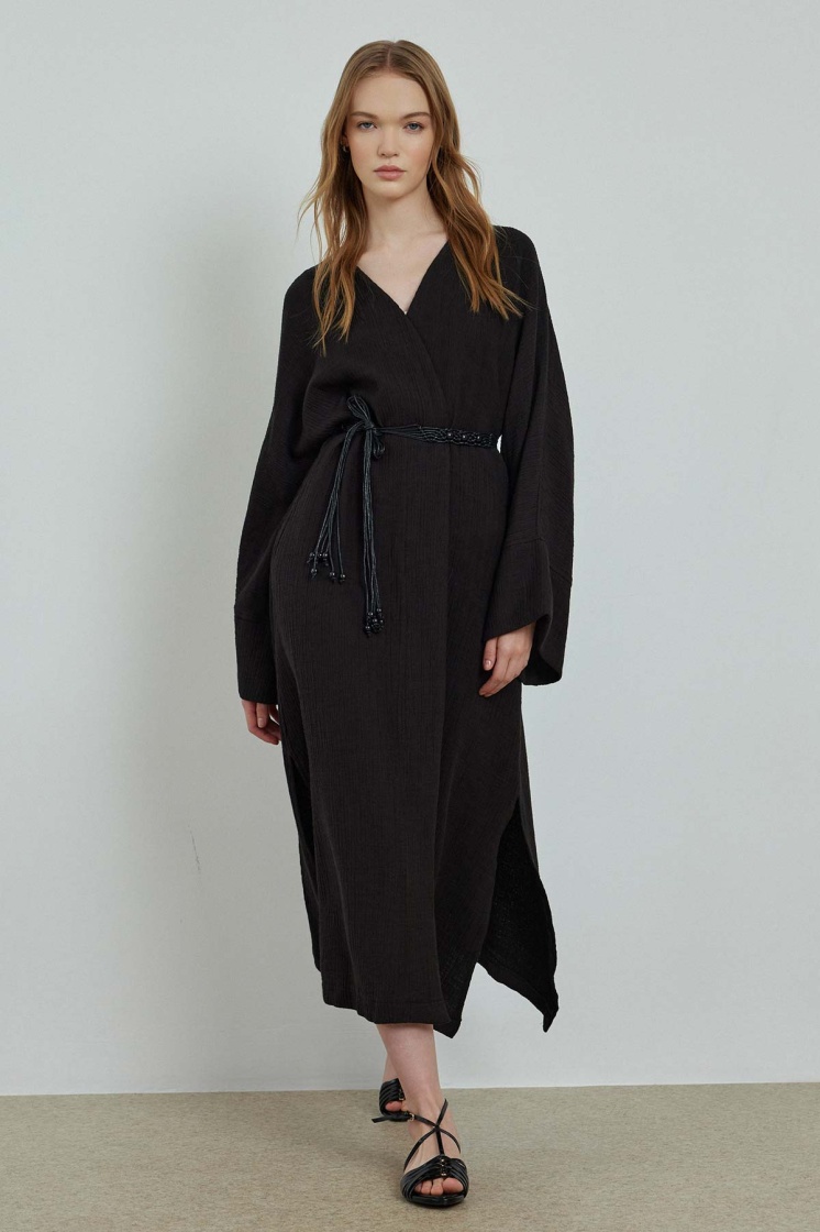 Organik Dokulu Siyah Kimono - 2