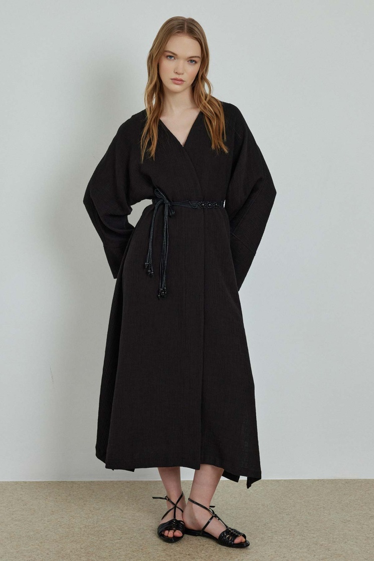 Organik Dokulu Siyah Kimono - 5