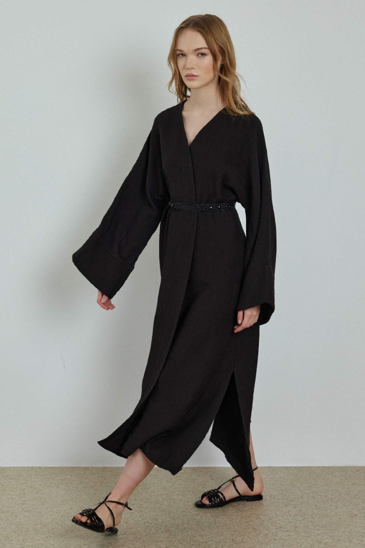 Organik Dokulu Siyah Kimono - 1