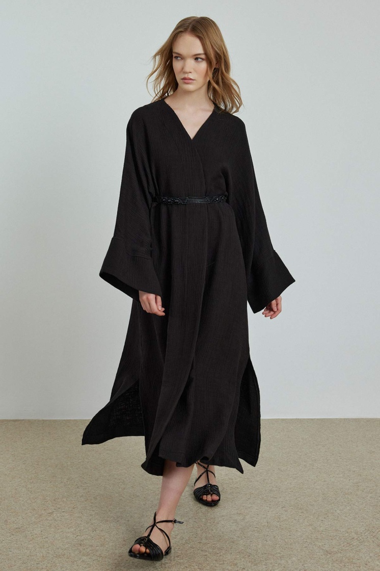 Organik Dokulu Siyah Kimono - 4