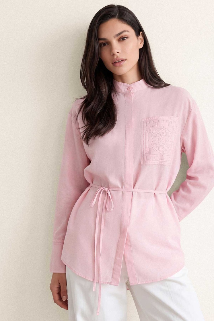 Nakış Detaylı Basic Soft Pembe Gömlek