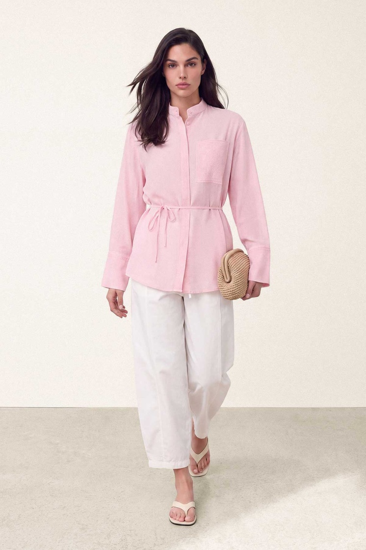 Nakış Detaylı Basic Soft Pembe Gömlek