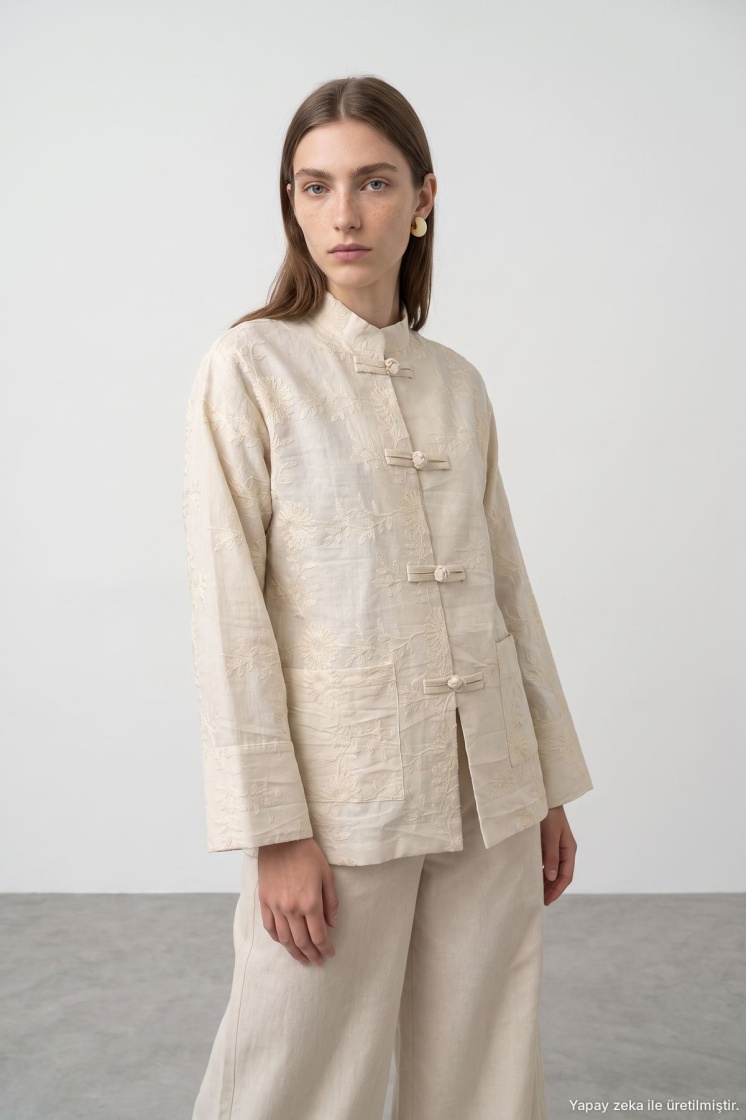 Nakış Detaylı Çiçek Desen Keten Kimono Ceket - 5