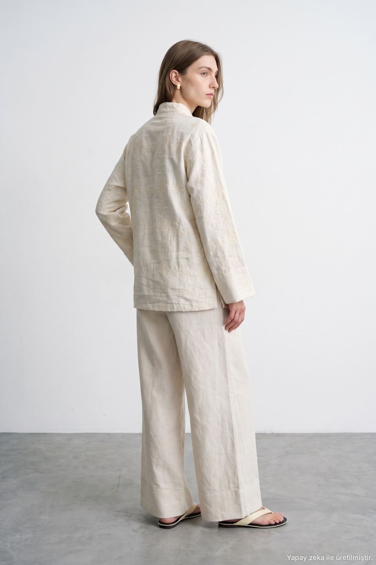 Nakış Detaylı Çiçek Desen Keten Kimono Ceket - 6