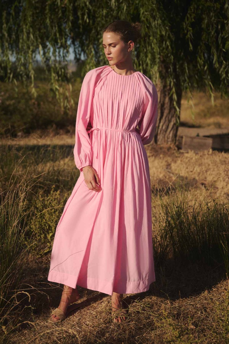 Nervürlü Pamuk Vual Pembe Elbise