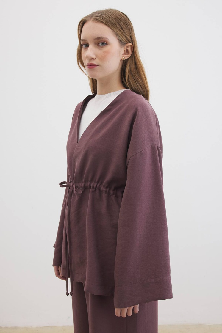 Önden Bağlama Detaylı Çikolata Kimono Pantolon Takım