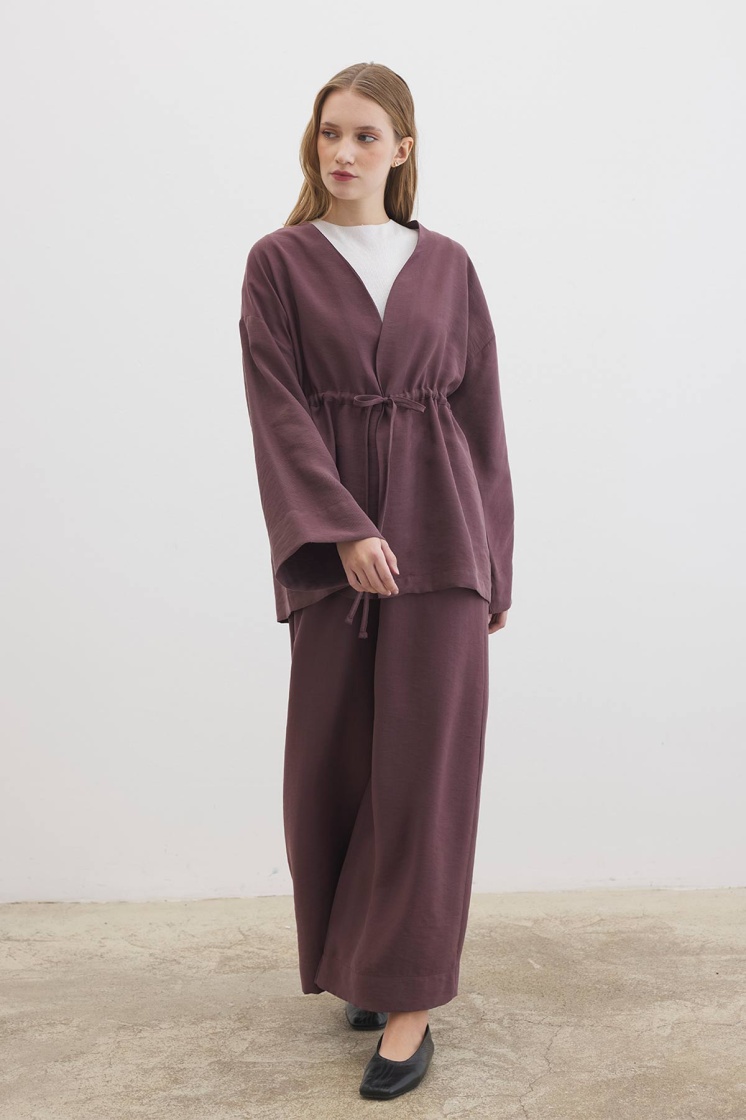 Önden Bağlama Detaylı Çikolata Kimono Pantolon Takım