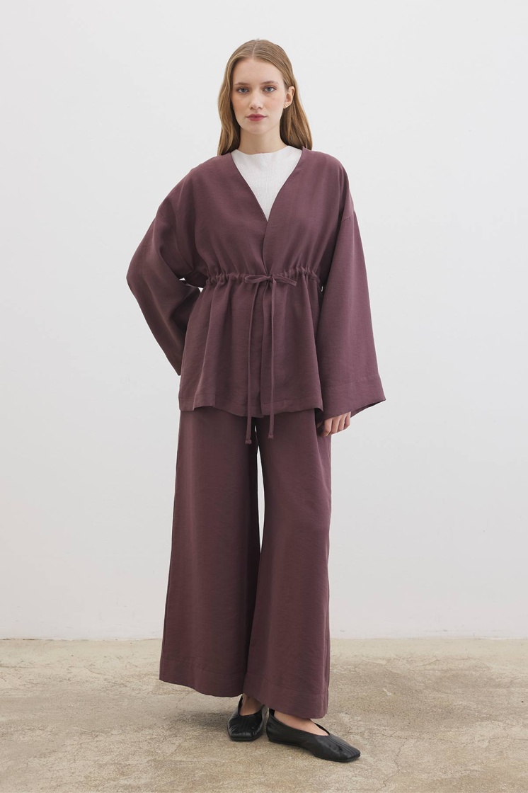 Önden Bağlama Detaylı Çikolata Kimono Pantolon Takım