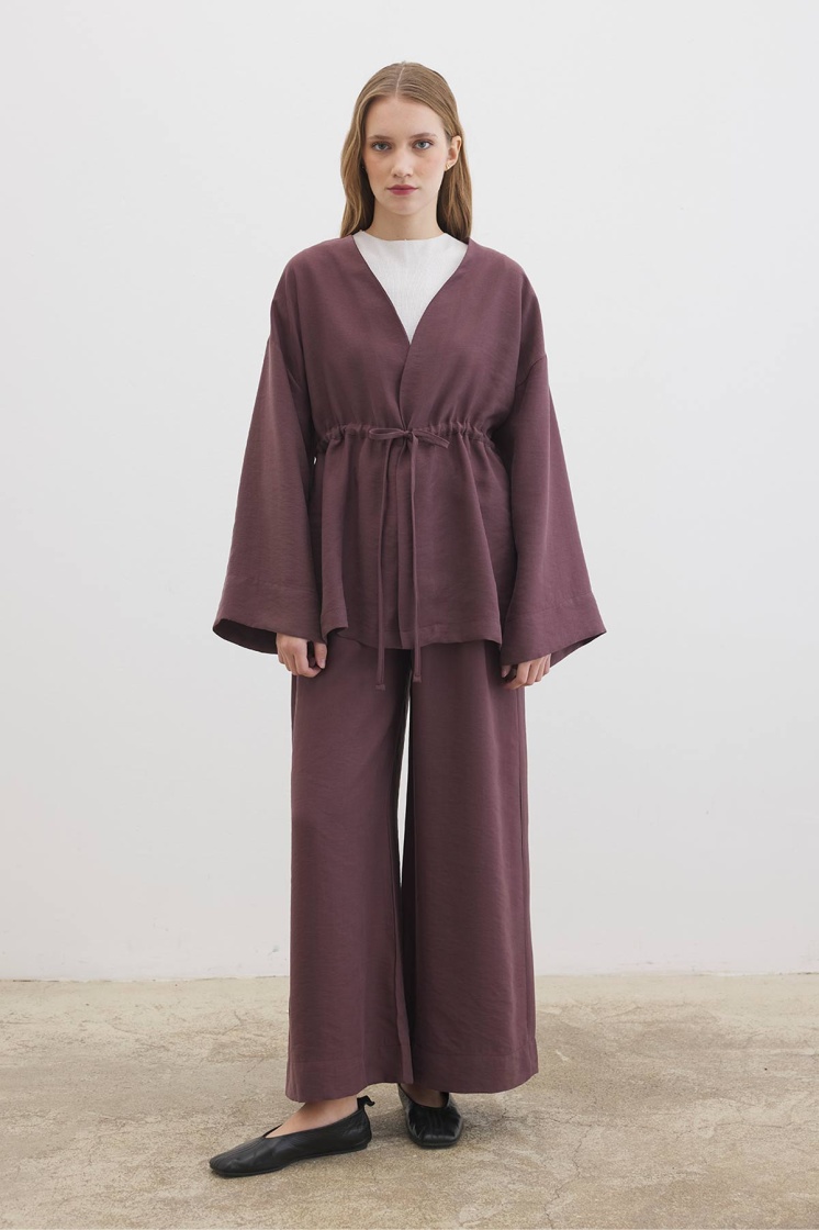 Önden Bağlama Detaylı Çikolata Kimono Pantolon Takım - 5