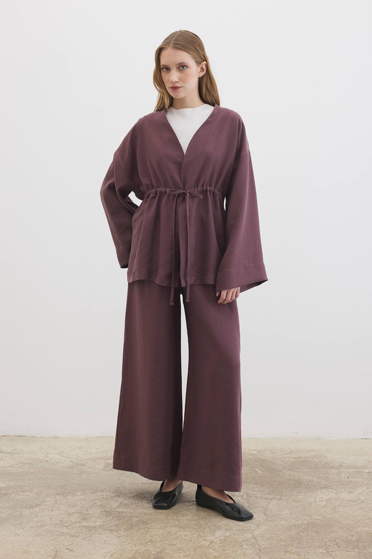 Önden Bağlama Detaylı Çikolata Kimono Pantolon Takım