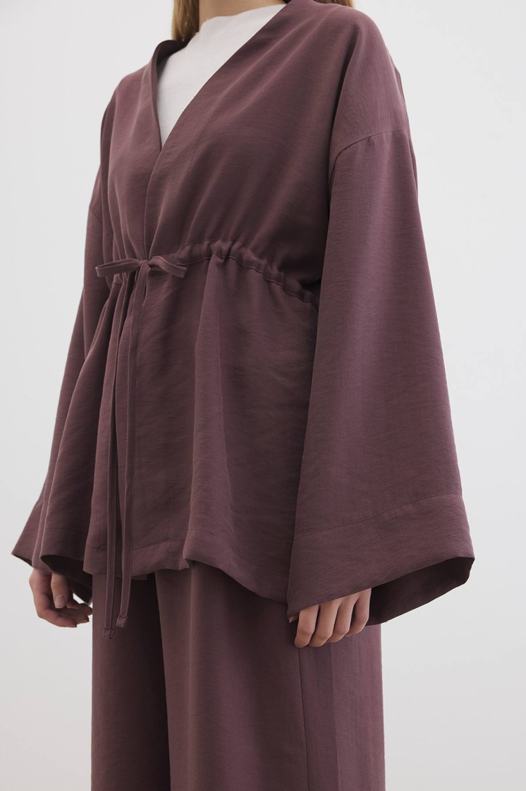 Önden Bağlama Detaylı Çikolata Kimono Pantolon Takım - 6