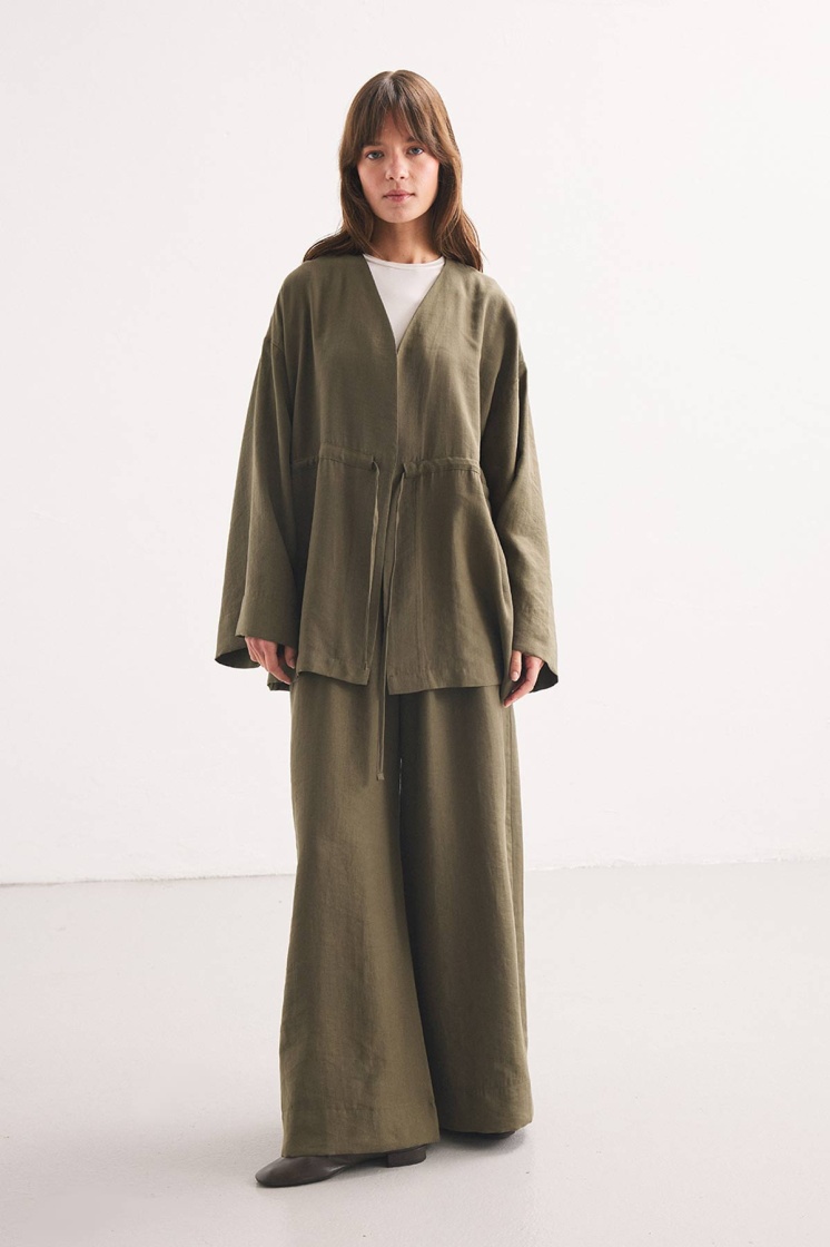 Önden Bağlama Detaylı Haki Kimono Pantolon Takım