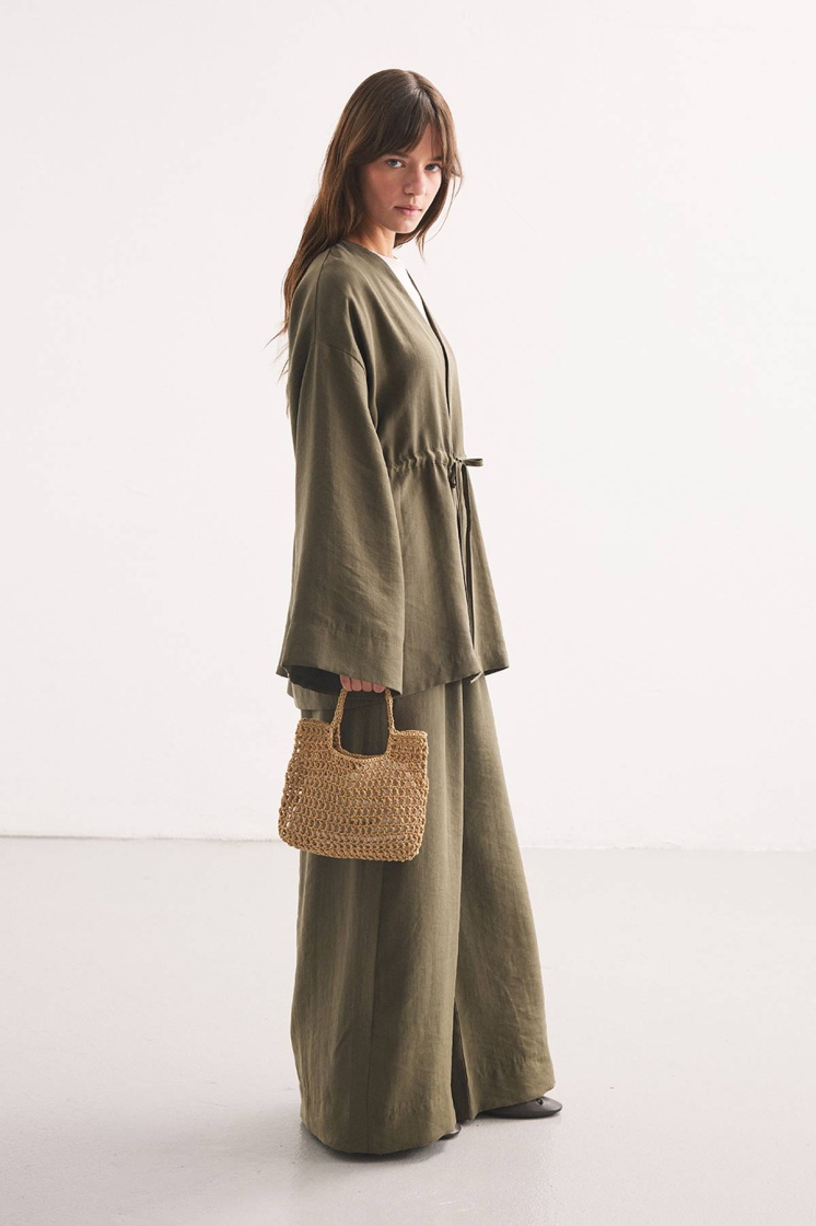 Önden Bağlama Detaylı Haki Kimono Pantolon Takım - 6