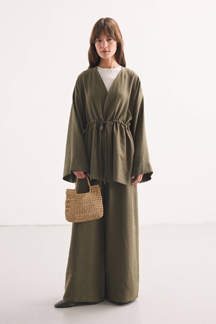 Önden Bağlama Detaylı Haki Kimono Pantolon Takım