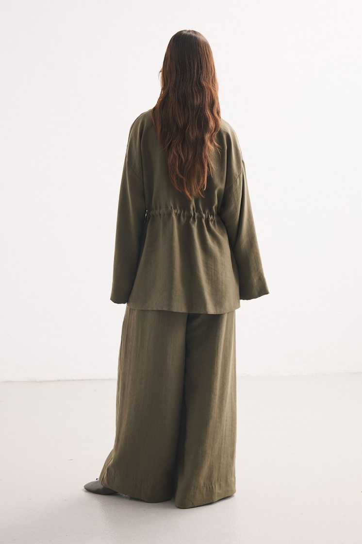 Önden Bağlama Detaylı Haki Kimono Pantolon Takım - 7