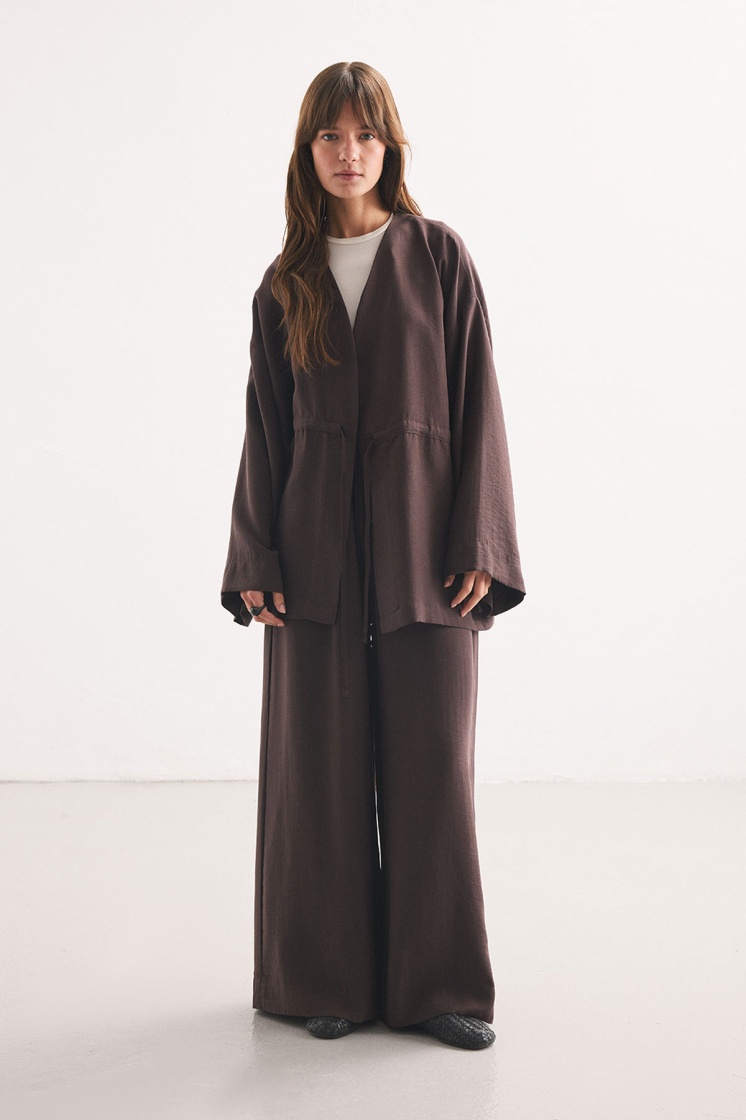 Önden Bağlama Detaylı Kahve Kimono Pantolon Takım