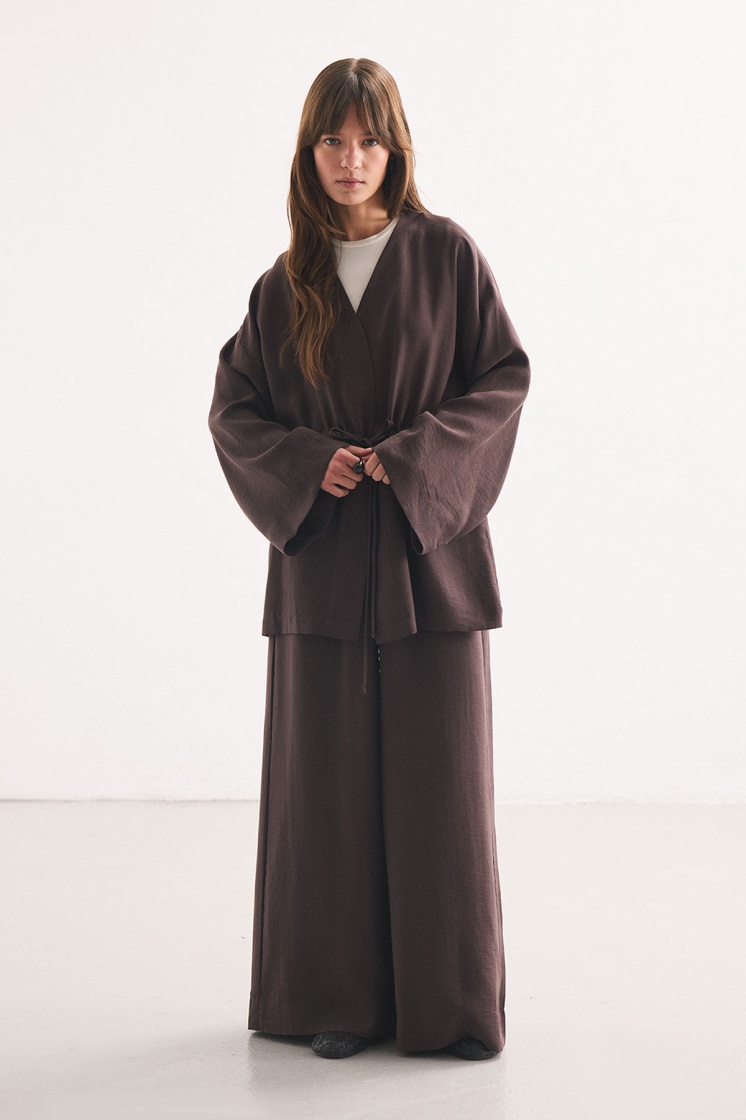 Önden Bağlama Detaylı Kahve Kimono Pantolon Takım
