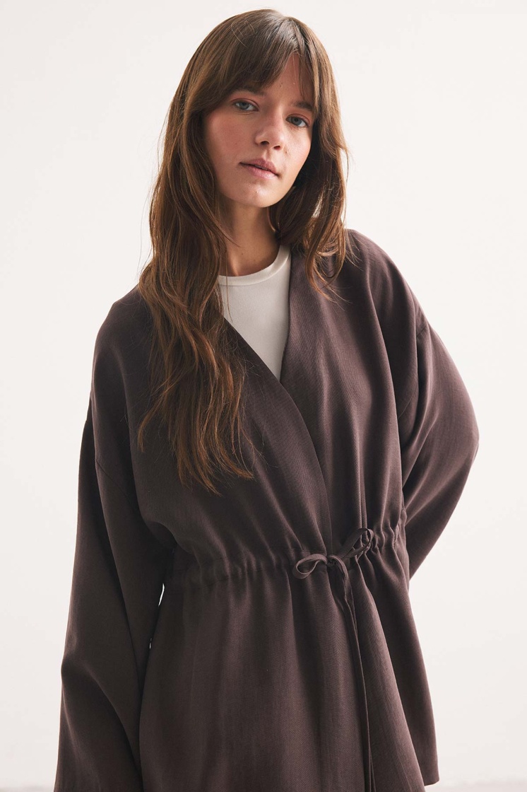 Önden Bağlama Detaylı Kahve Kimono Pantolon Takım