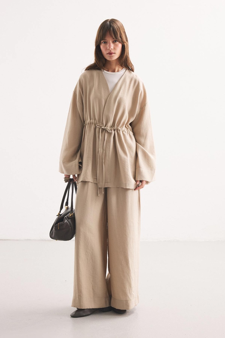 Önden Bağlama Detaylı Taş Kimono Pantolon Takım