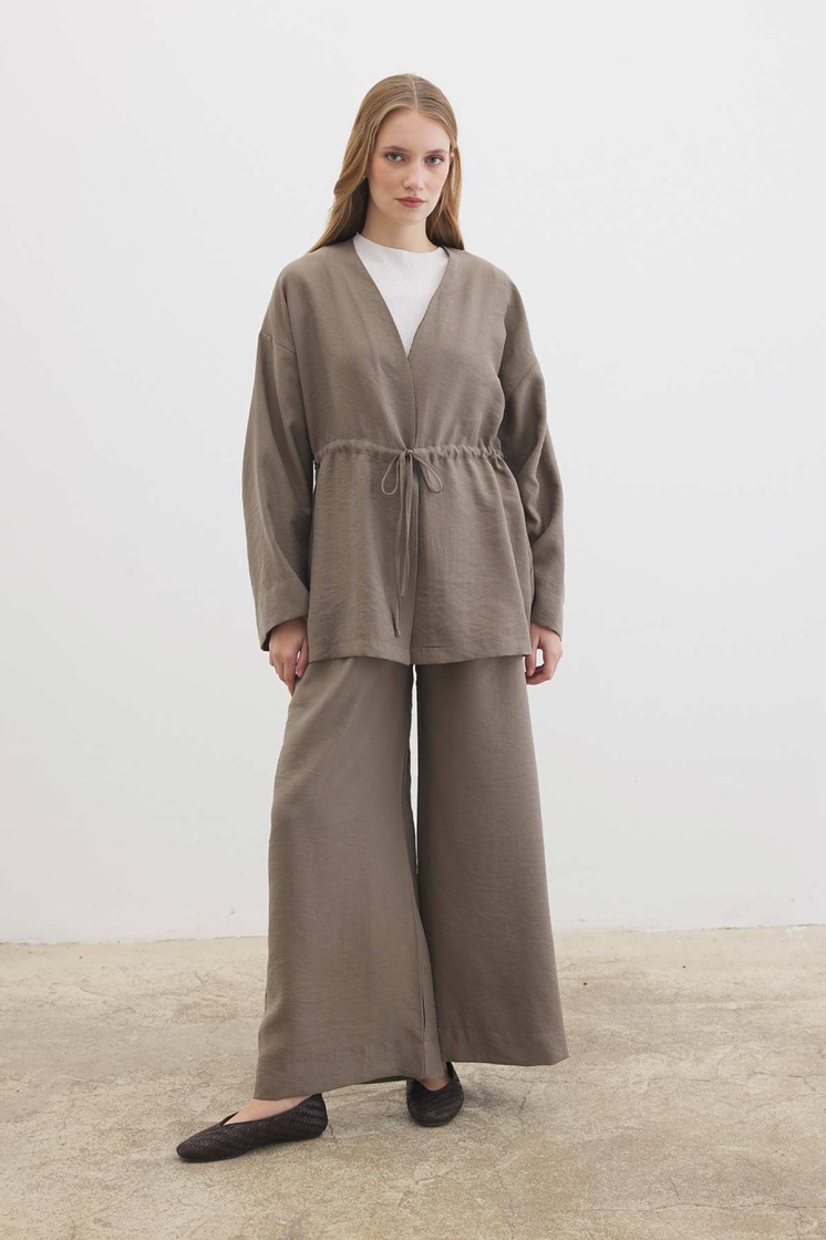 Önden Bağlama Detaylı Vizon Kimono Pantolon Takım