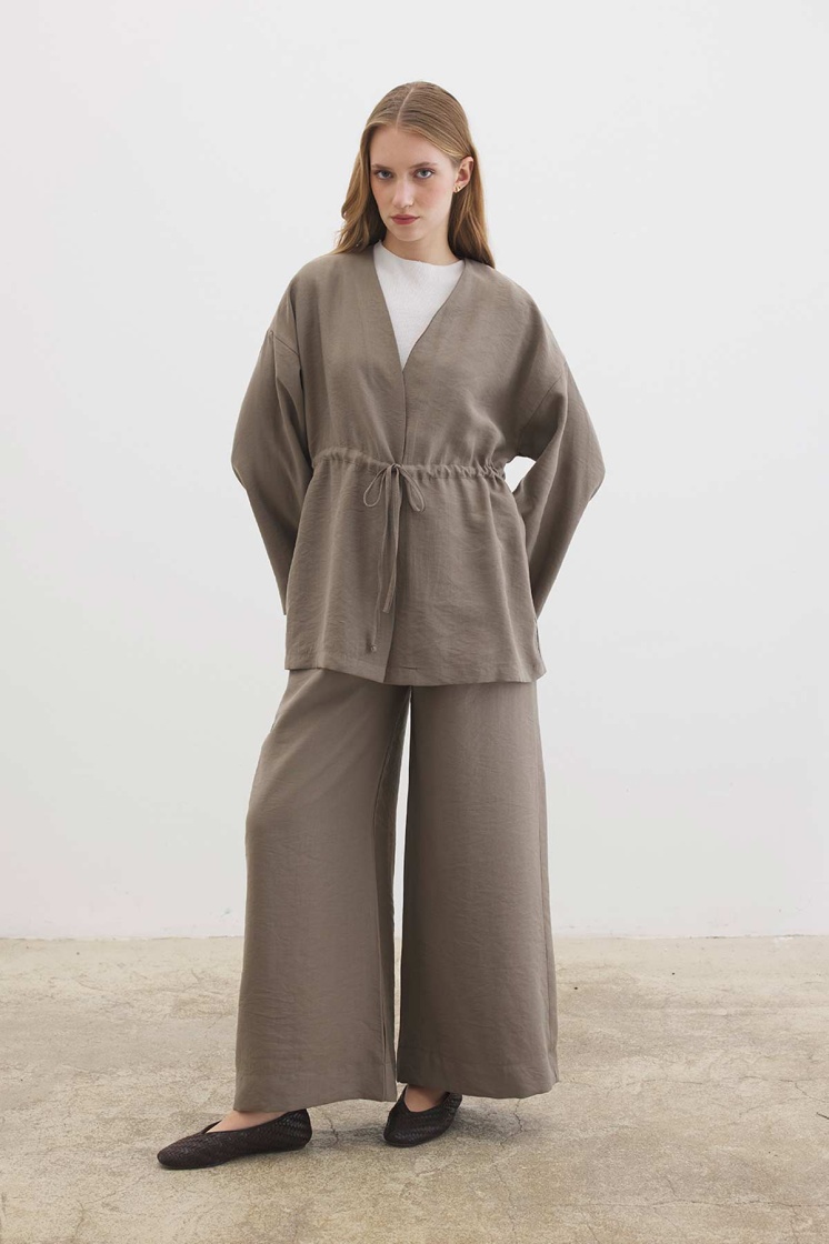 Önden Bağlama Detaylı Vizon Kimono Pantolon Takım