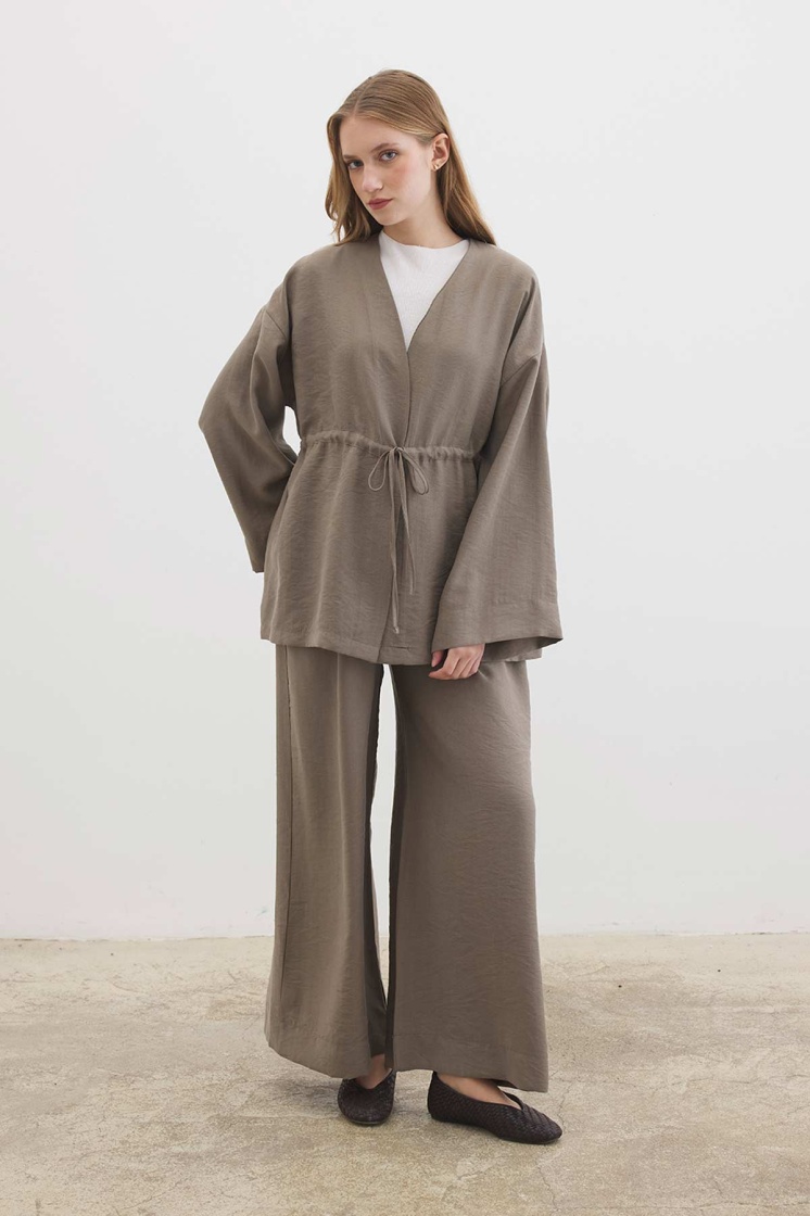 Önden Bağlama Detaylı Vizon Kimono Pantolon Takım