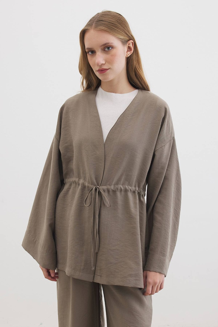 Önden Bağlama Detaylı Vizon Kimono Pantolon Takım