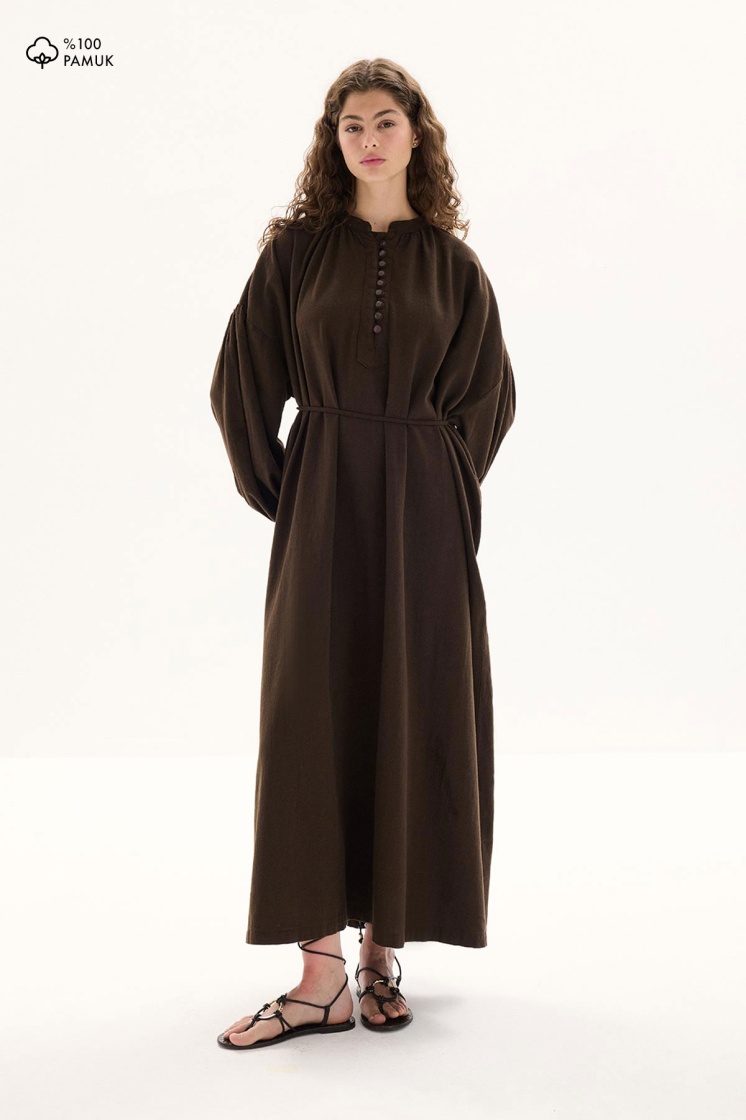 Oversize Keten Dokulu Kahve Elbise