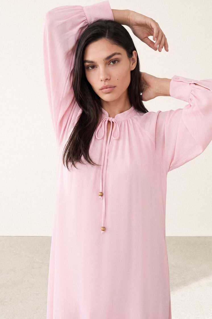 Pamuklu Rahat Kesim Uzun Soft Pembe Elbise - 5