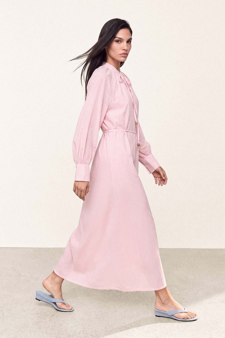 Pamuklu Rahat Kesim Uzun Soft Pembe Elbise - 6