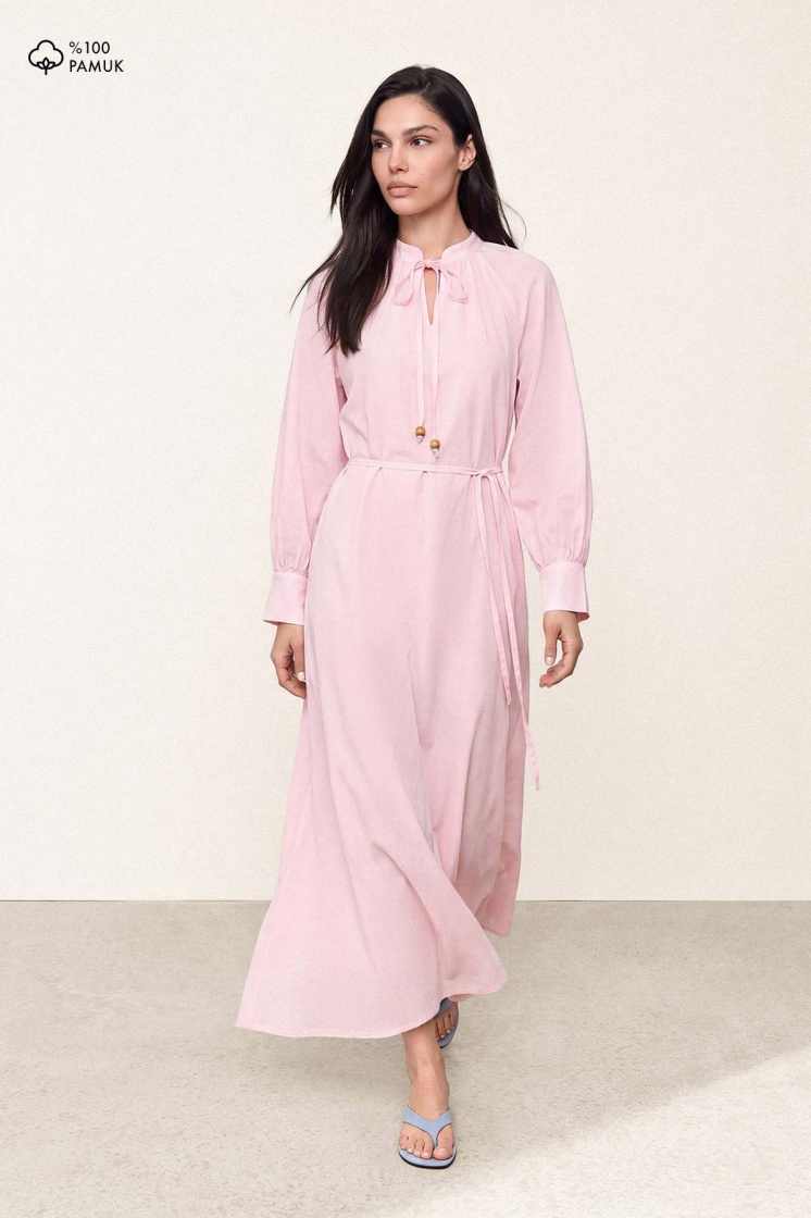 Pamuklu Rahat Kesim Uzun Soft Pembe Elbise