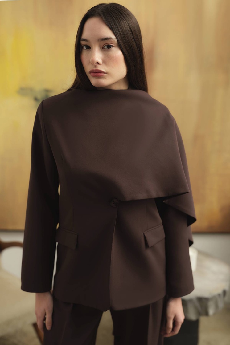 Pelerin Detaylı Kahve Blazer Ceket